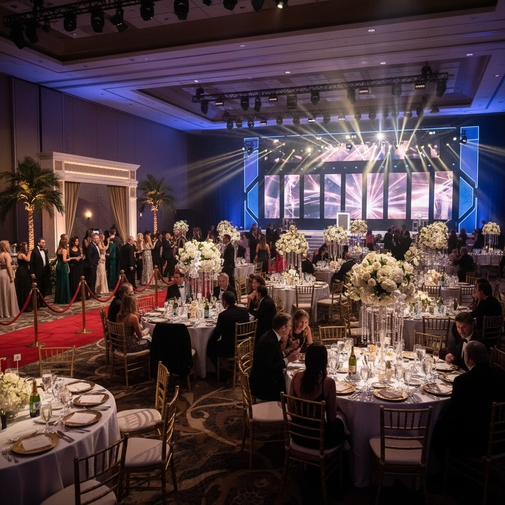 Wide shot of a modern award ceremony venue with stage, uplighting, banquet tables, and a red carpet entrance