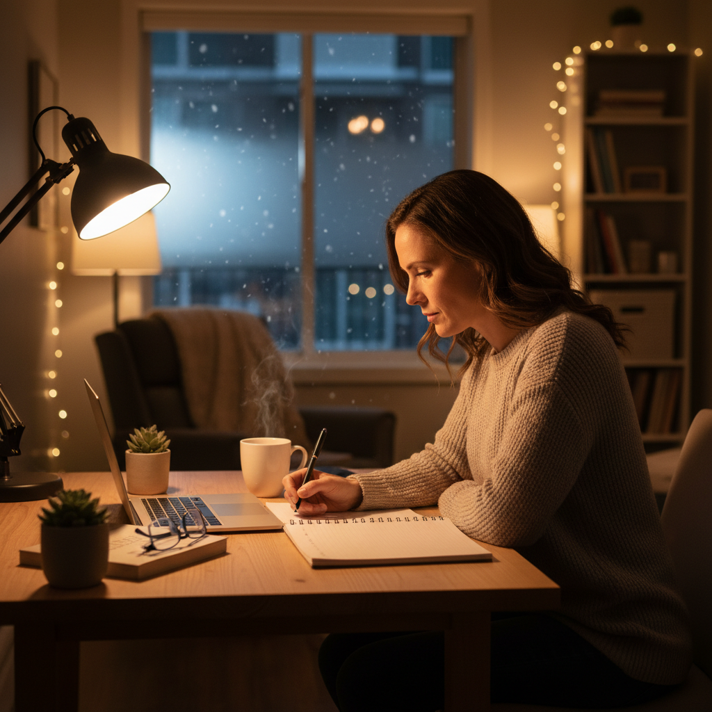 Adult learner in Canada studying ECBA concepts at home on a laptop with notebook and coffee