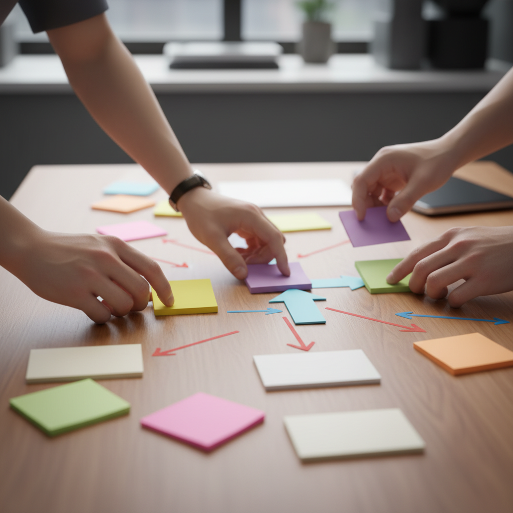 Close-up of hands mapping BABOK v3 concepts and ECBA study workflow with sticky notes (no text visible)