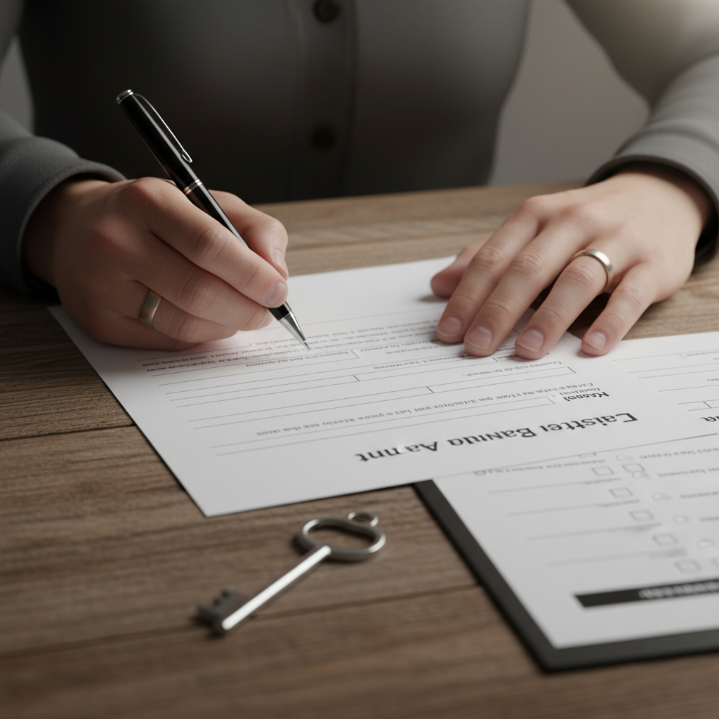Close-up of homeowner signing listing documents and organizing a Mississauga home selling checklist with keys and pen on table