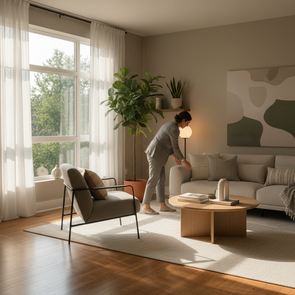 Staged living room in neutral colors showing best practices for preparing a Mississauga home for sale