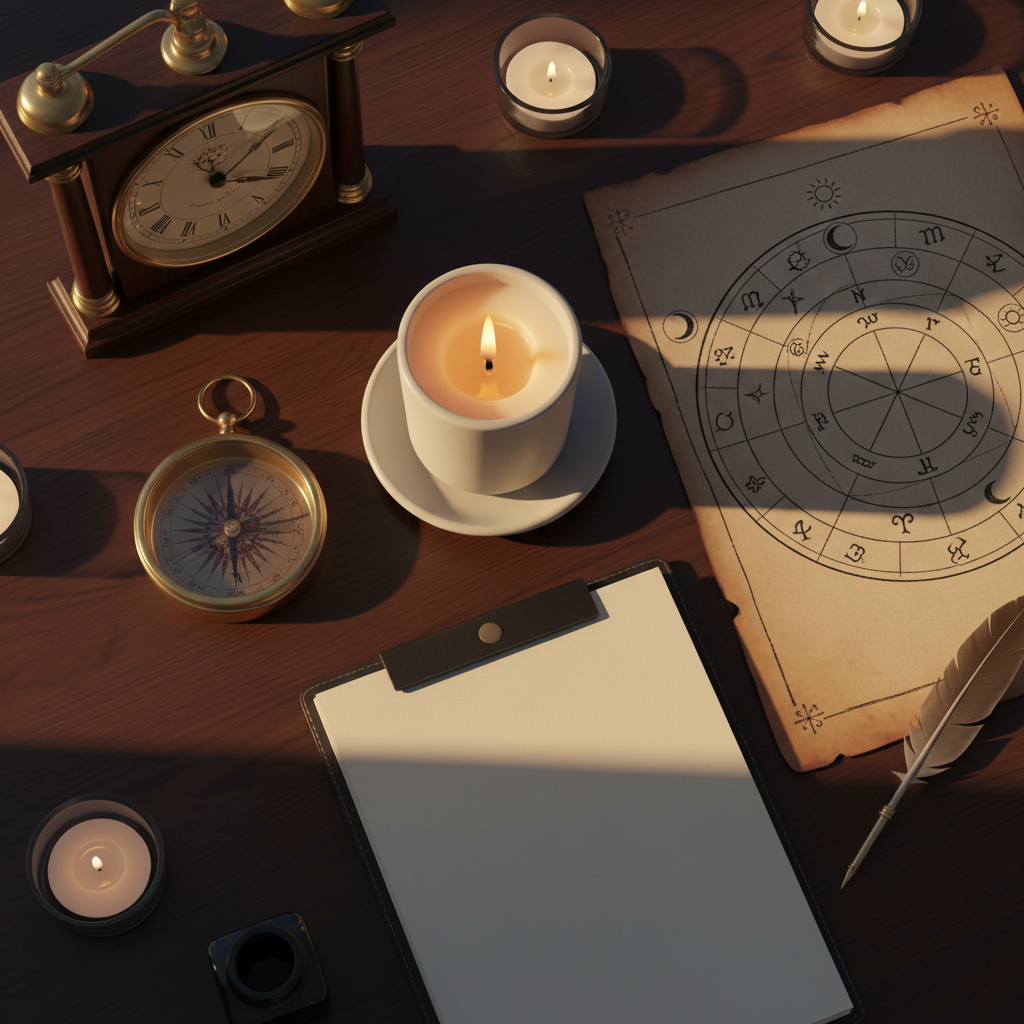 Top-down muhurat workspace with analog clock, compass, and planetary chart showing timing preparation for an auspicious date