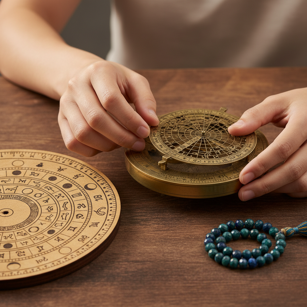 Close-up of Vedic muhurat tools: brass astrolabe and panchang calendar used for muhurat selection analysis