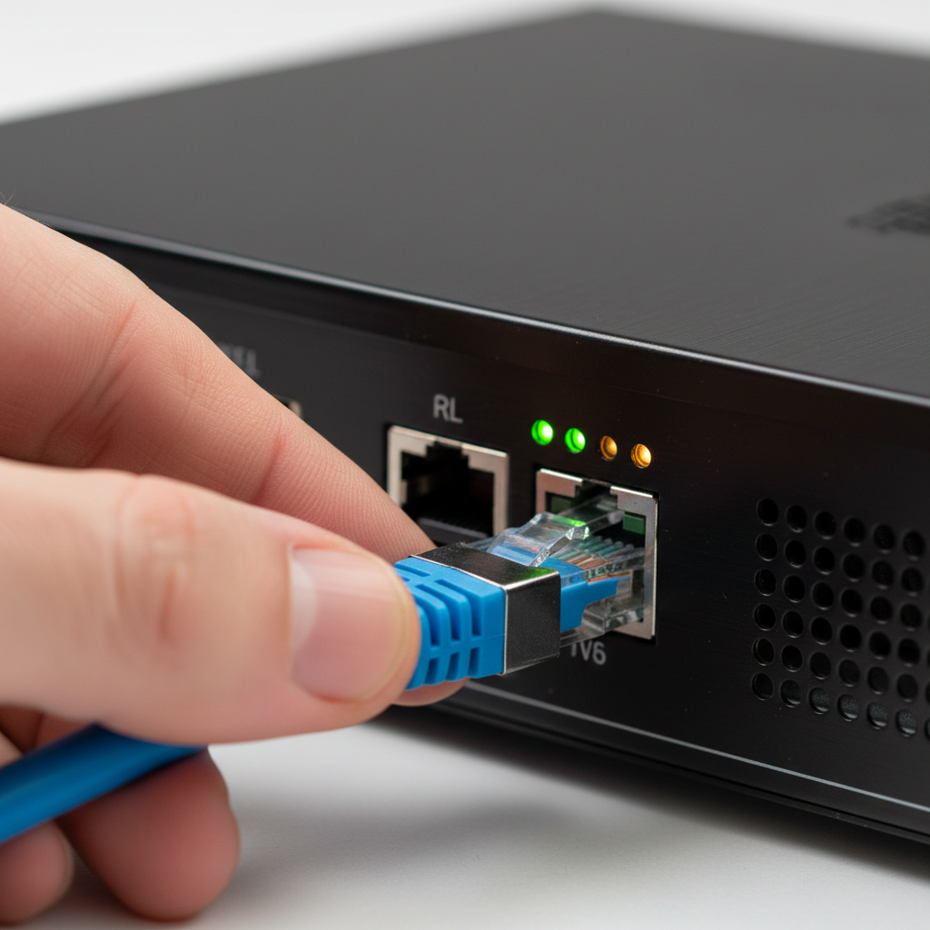 Close-up of a Cat6 Ethernet cable connecting to a PoE port on a network video recorder for Hikvision NVR setup
