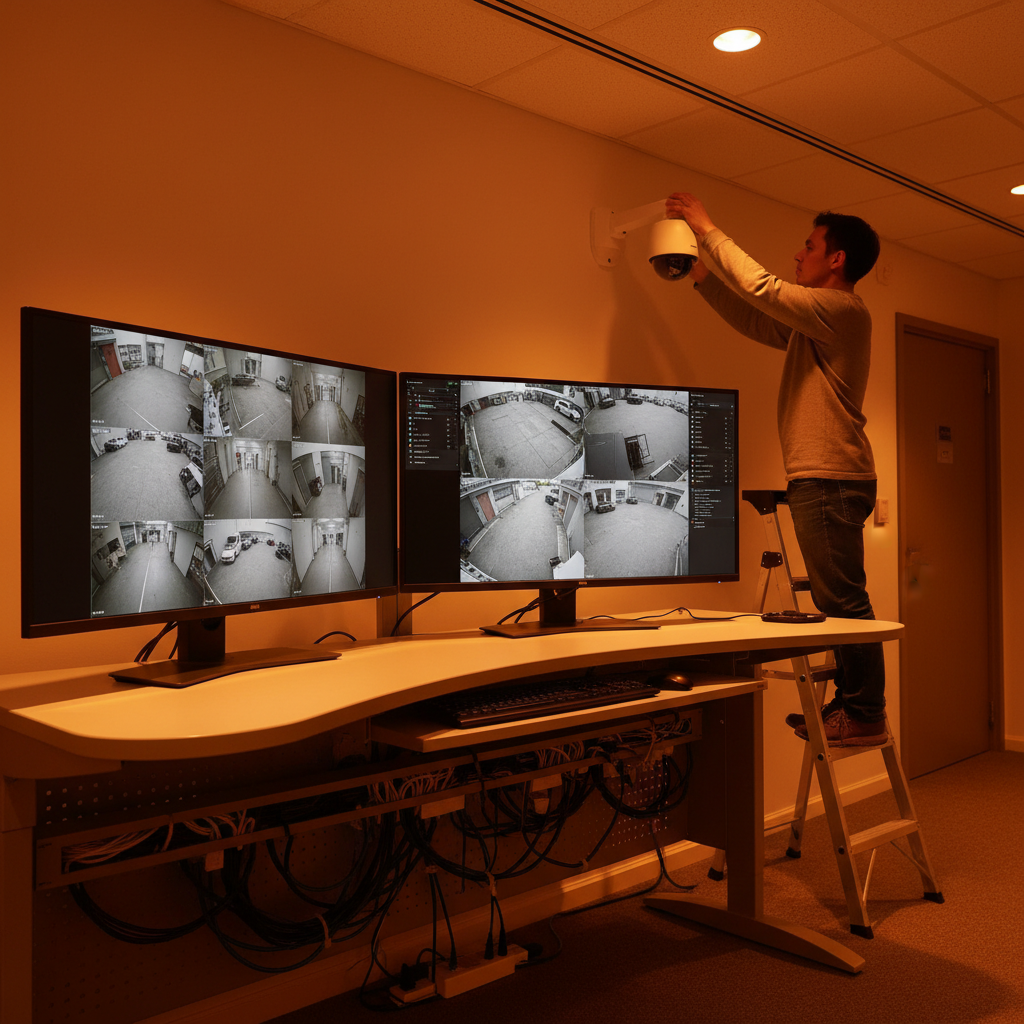 Small business security workstation showing multi-camera grid on dual monitors using a Hikvision-compatible NVR