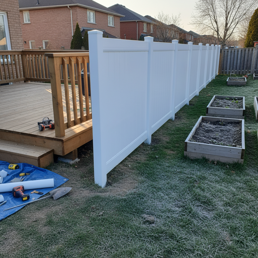 Vinyl privacy fence beside custom deck and garden beds in a Mississauga backyard