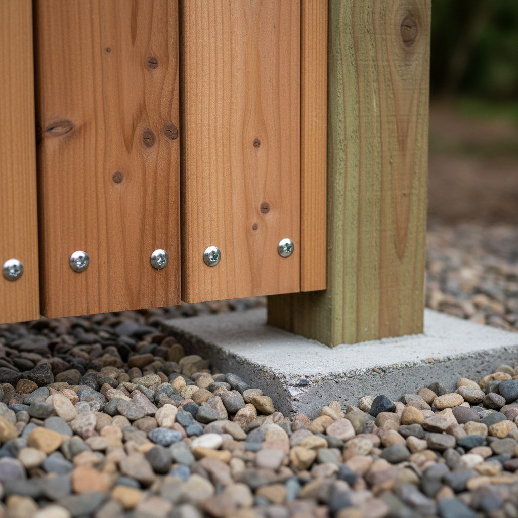 Close-up of a pressure-treated fence post in concrete footing with gravel base for Mississauga privacy fencing