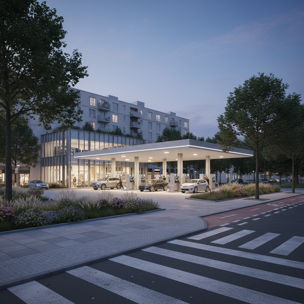 Modern gas station integrated into an urban block with landscaped buffers and pedestrian paths in Texas