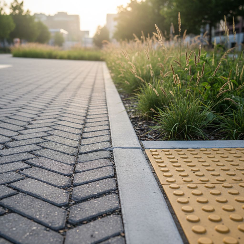 Permeable pavers and rain garden bioswale detail supporting urban design drainage goals in Texas