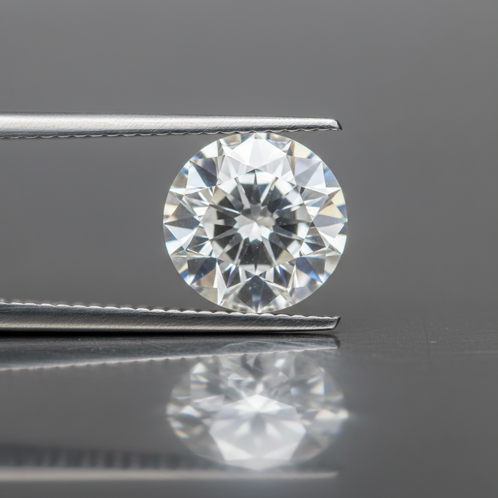 Macro photo of a loose diamond held in tweezers, showing crisp facets and inclusions for selling loose diamonds evaluation in New York