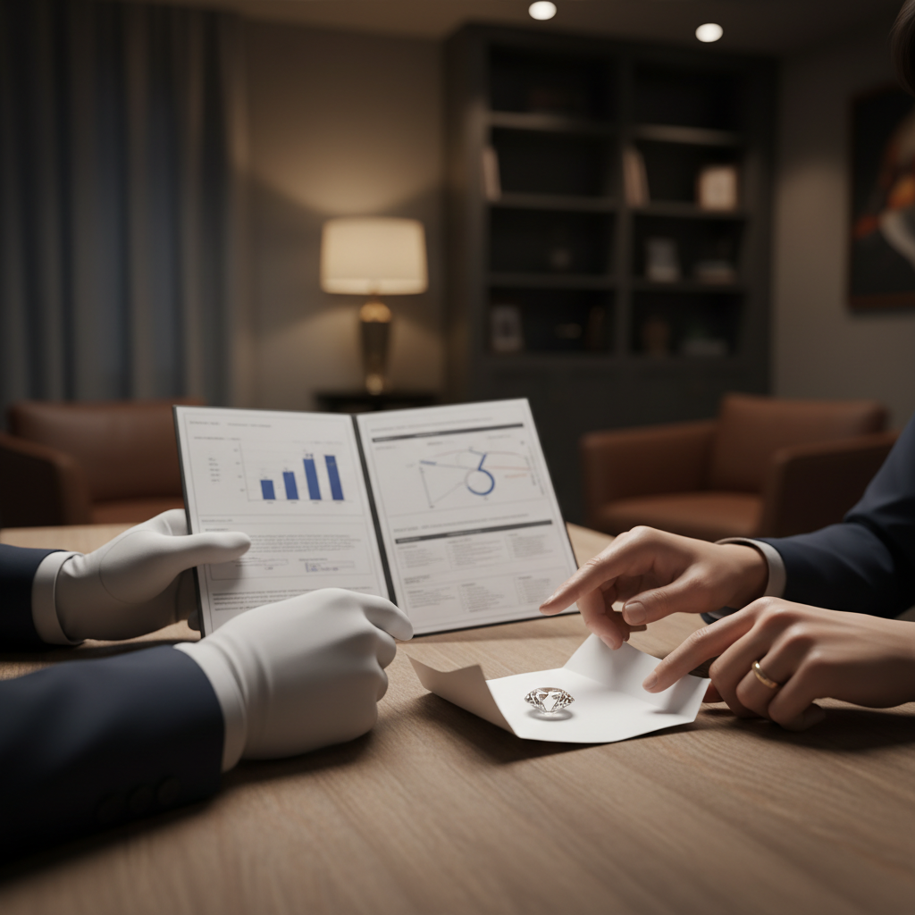 Discreet diamond selling consultation in New York with a gemologist reviewing a grading report and a loose diamond in parcel paper