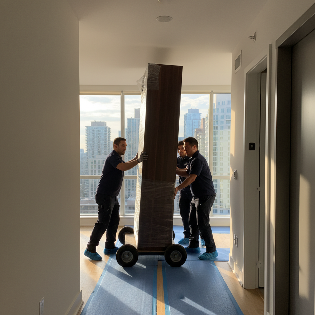 Condo Renovation: Save Space & Stress Less in 2026 2 Installers moving a tall custom closet into a condo with floor protection, elevator dolly, and protective boot covers during a condo renovation