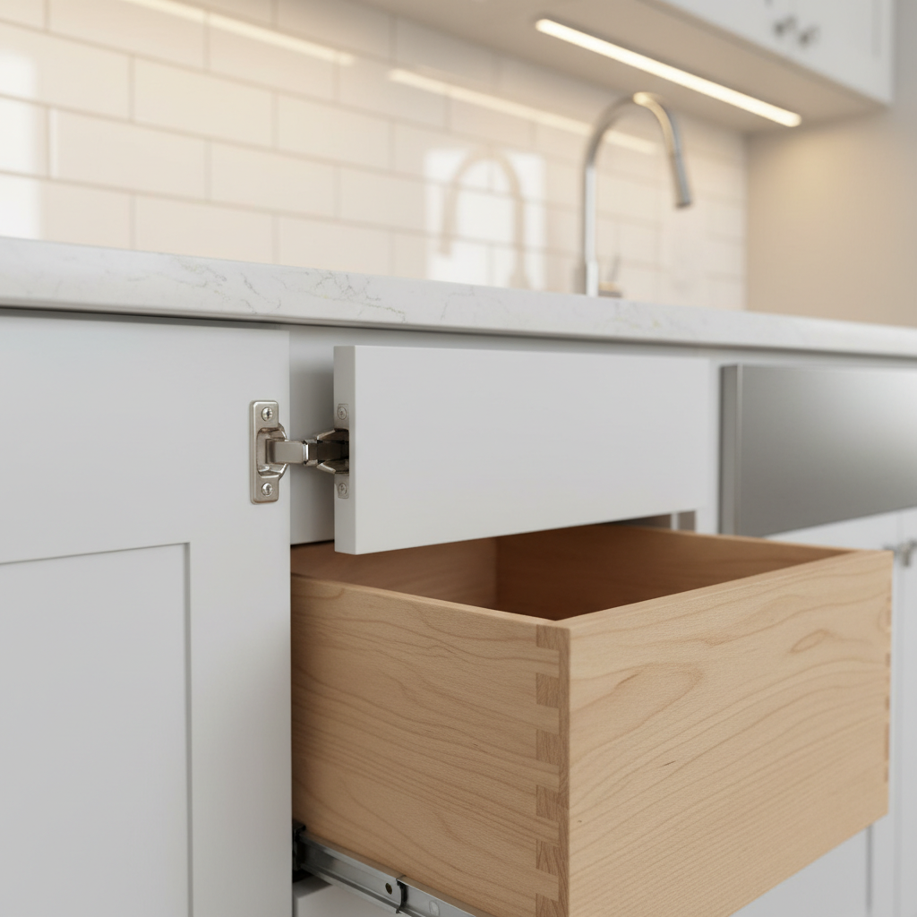 Condo Renovation: Save Space & Stress Less in 2026 1 Close-up of custom condo kitchen cabinetry with soft-close hardware, dovetail drawer, and quartz countertop for a condo renovation