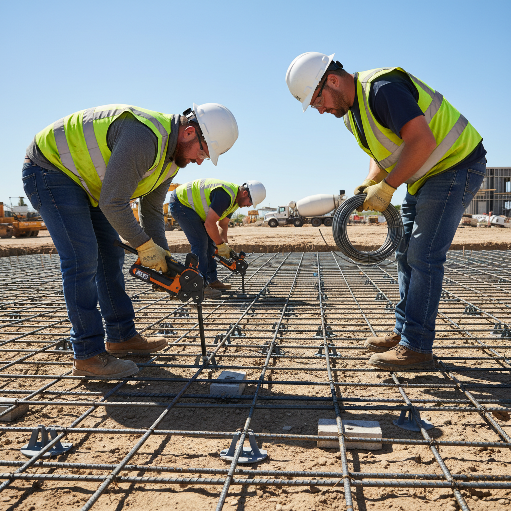 Rebar crew tying slab reinforcement with chairs and spacers in daylight to maintain cover and schedule