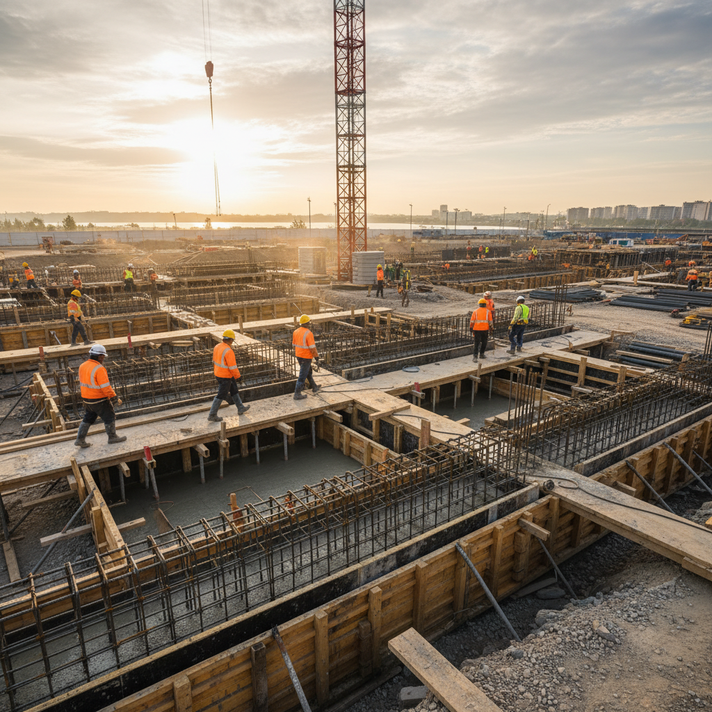 Wide view of reinforcing steel cages in formwork at a commercial construction site