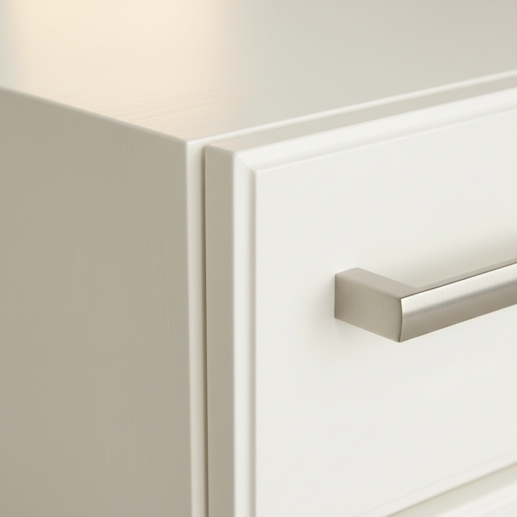 Close-up of cream colored kitchen cabinet door corner showing smooth sprayed finish and brushed nickel pull
