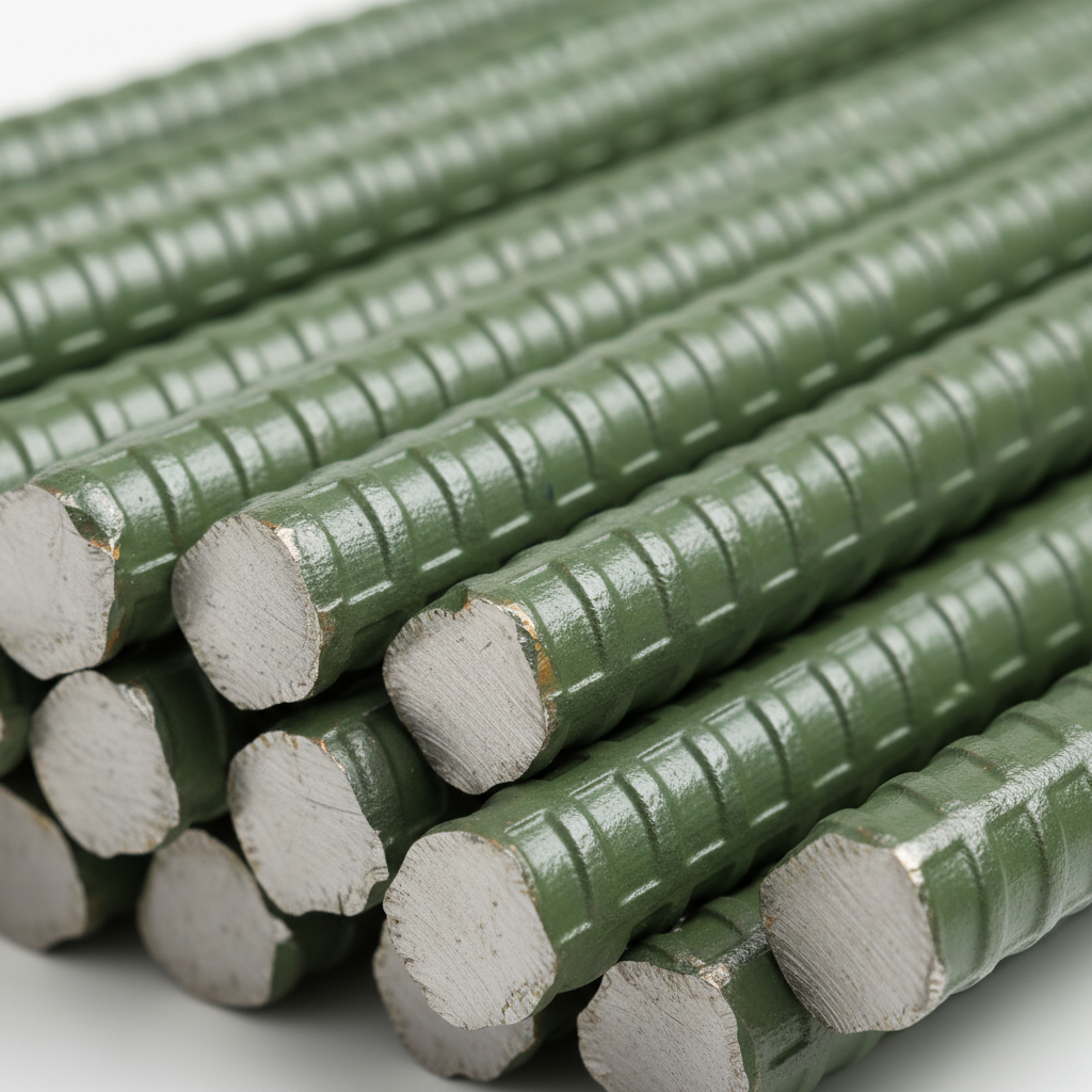 Close-up of epoxy-coated reinforcing steel bars with ribbed deformations for durability in Ontario concrete