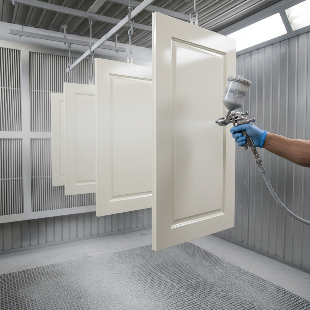 Professional spray booth with cabinet doors being resprayed in a creamy off-white using HVLP equipment