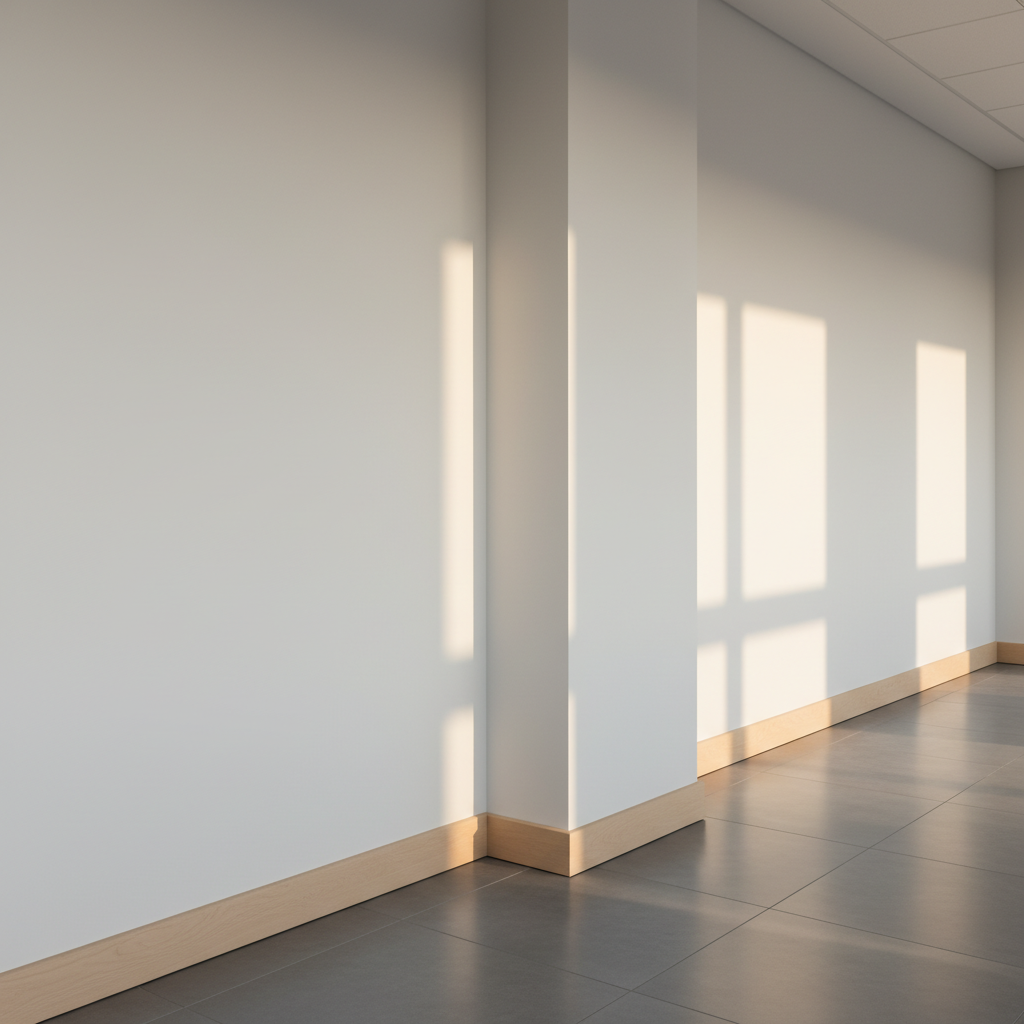Finished commercial hallway with crisp 90-degree drywall bead corners and smooth painted walls