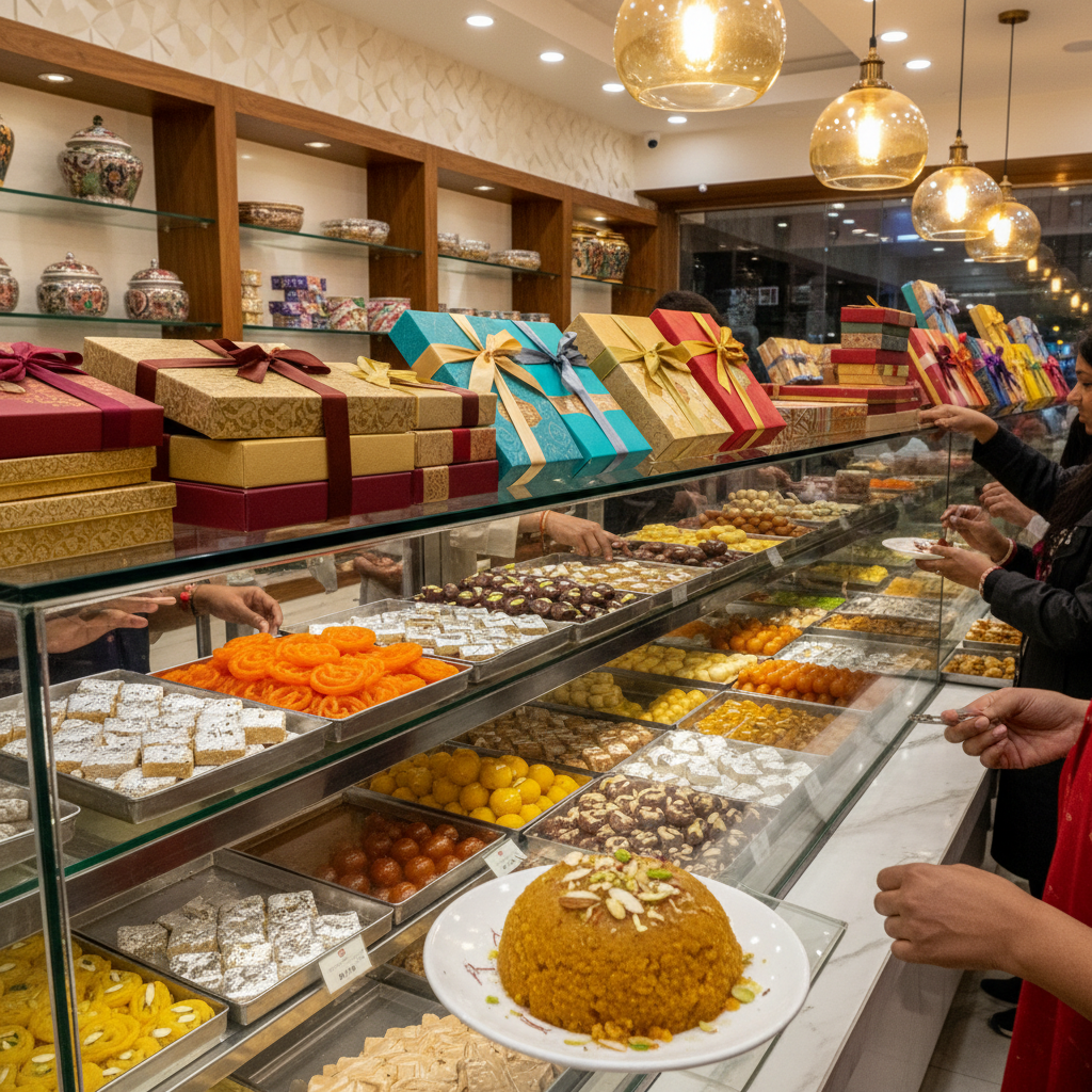 Elegant mithai display with sooji halwa portions and gift boxes at a premium Indian sweets counter