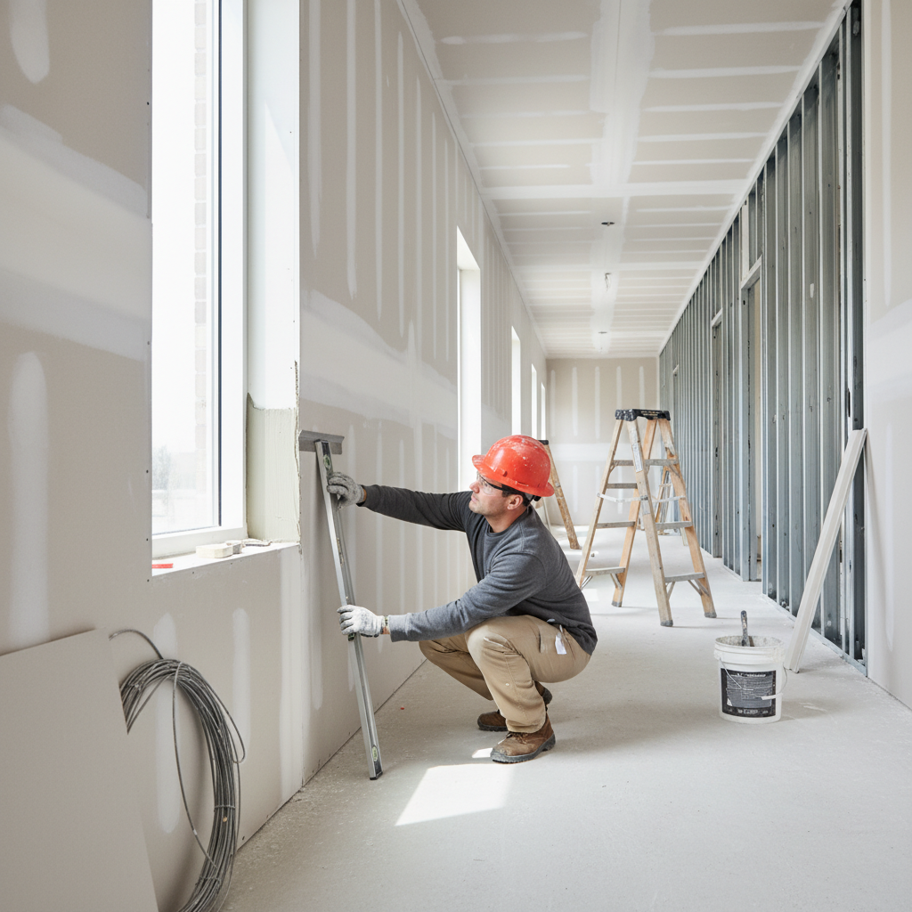 Drywall installer aligning metal corner bead on a commercial corridor wall for crisp 90-degree corners