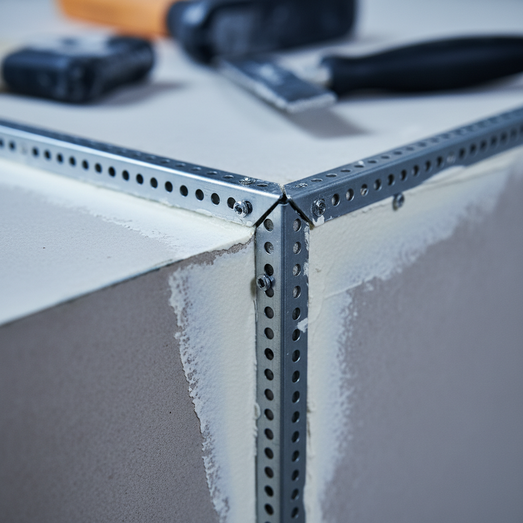 Close-up of galvanized drywall corner bead with perforations and smooth joint compound along flanges