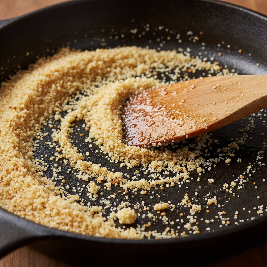 Close-up of ghee-roasted semolina for sooji halwa showing golden grains and glossy desi ghee sheen