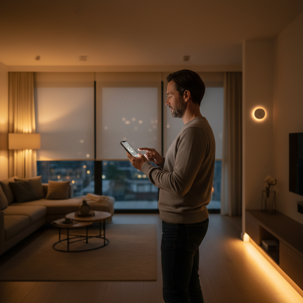 Homeowner triggering a Control4 Goodnight scene on a smartphone as lights dim and blinds lower in a modern hallway, illustrating smart home automation