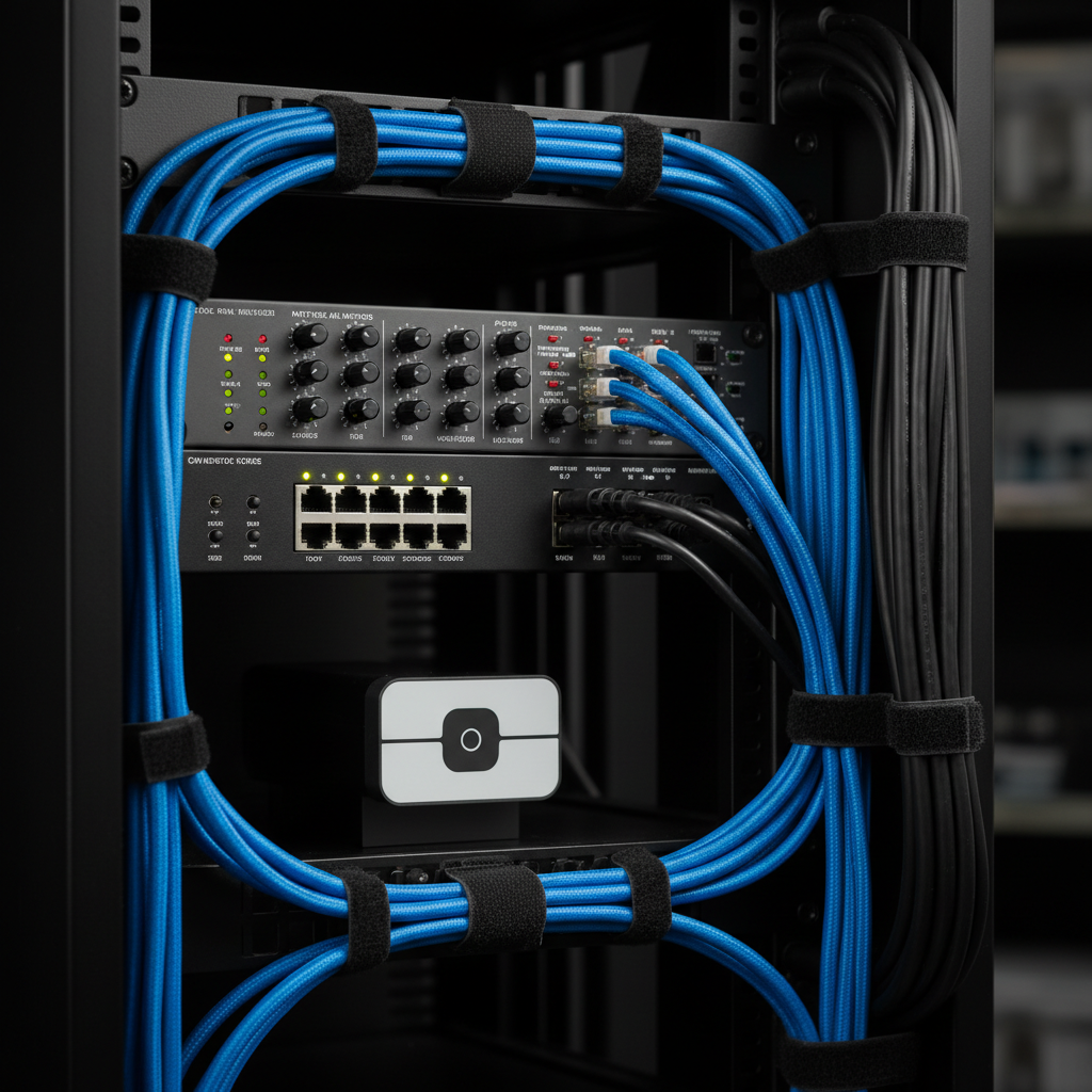 Detail view of a professional Control4 AV rack with network switch, audio matrix, controller, and neatly managed Ethernet cabling for smart home automation reliability