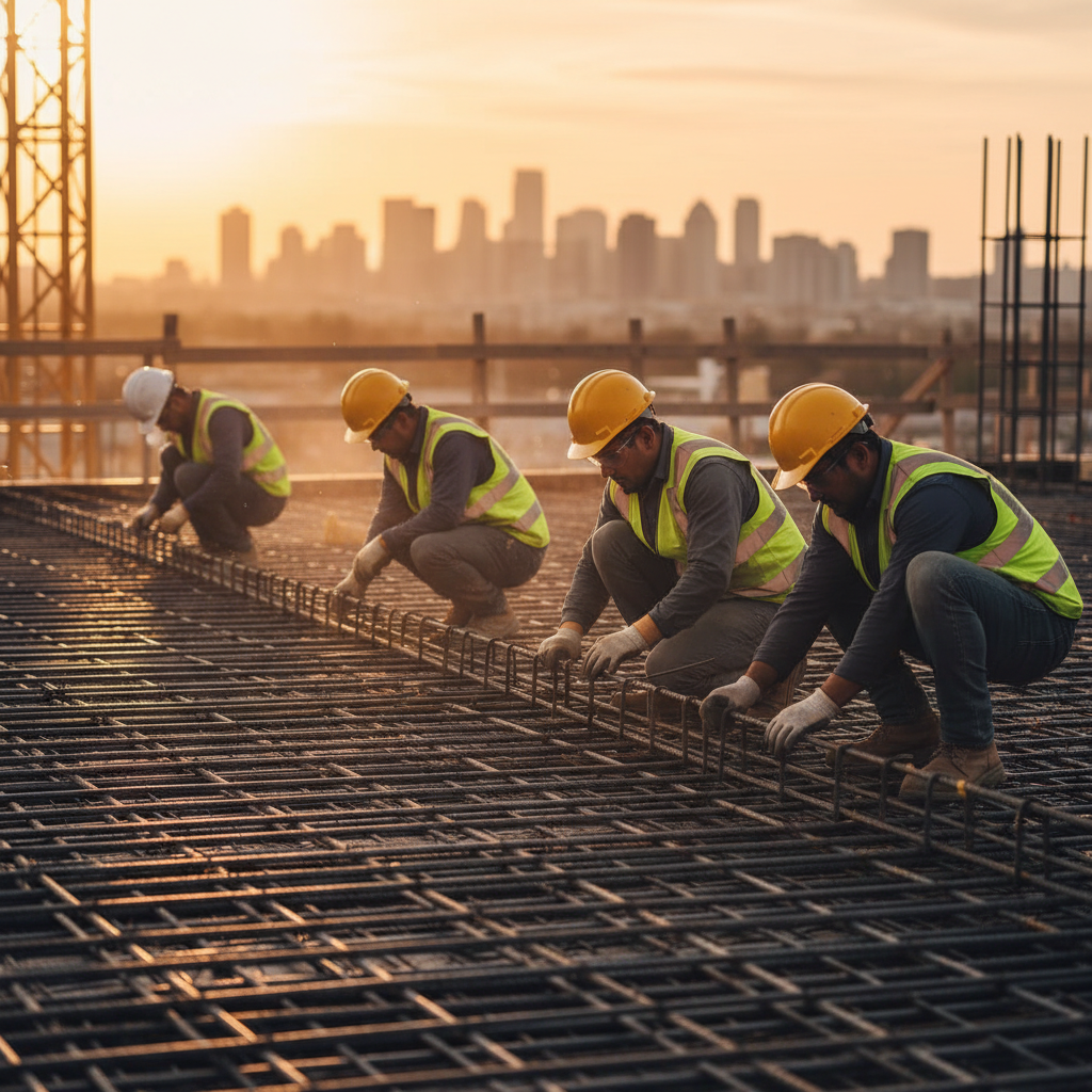 Workers tying a rebar grid for a concrete slab during golden hour on an Ontario jobsite