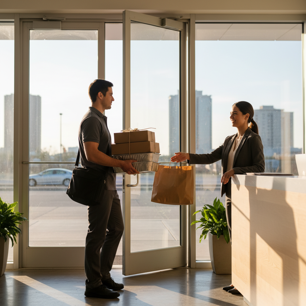 Catering trays and eco-friendly boxes arriving at an office lobby for a Toronto corporate lunch