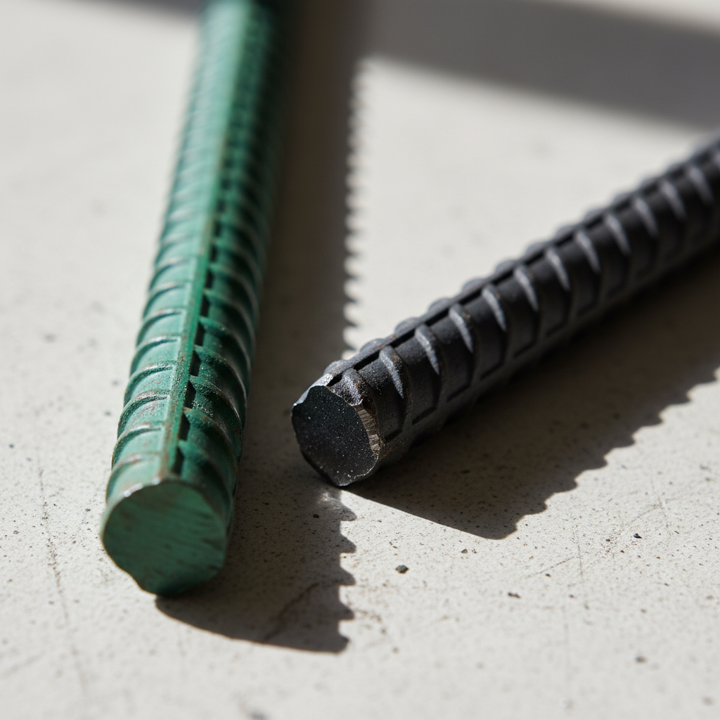 Close-up of epoxy-coated rebar beside black steel rebar showing deformations for Ontario construction projects