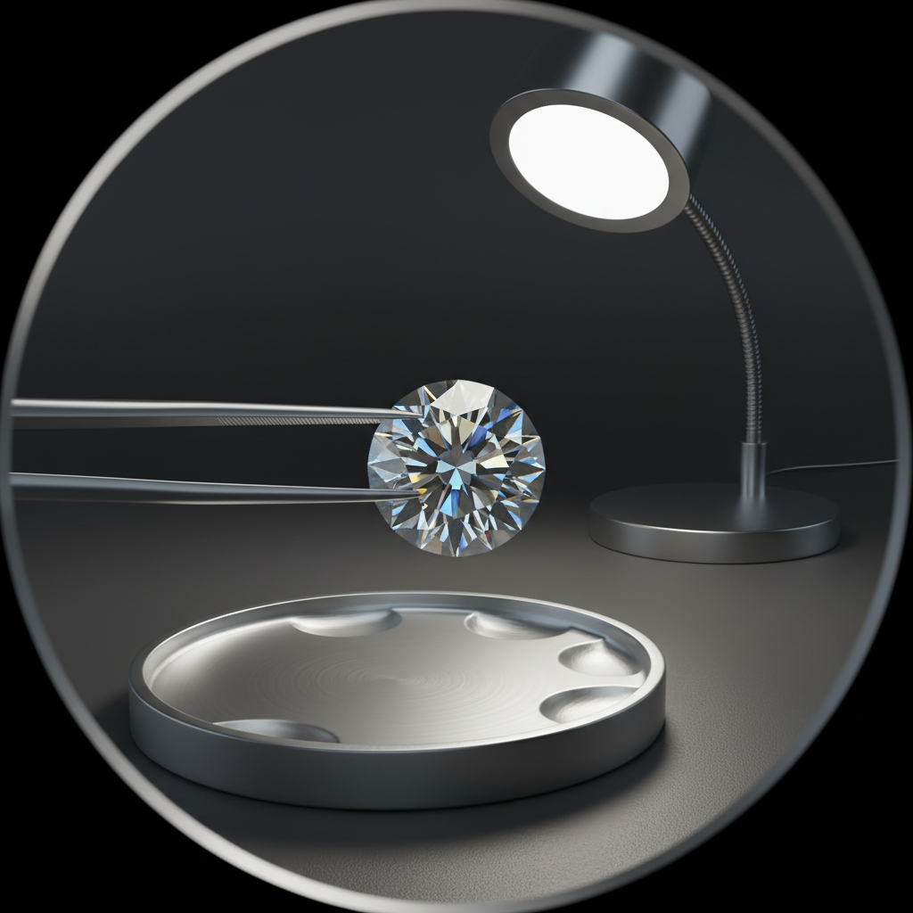 Macro of a round brilliant diamond under a jewelers loupe in a New York appraisal, showing facets and light performance for diamond engagement ring resale value