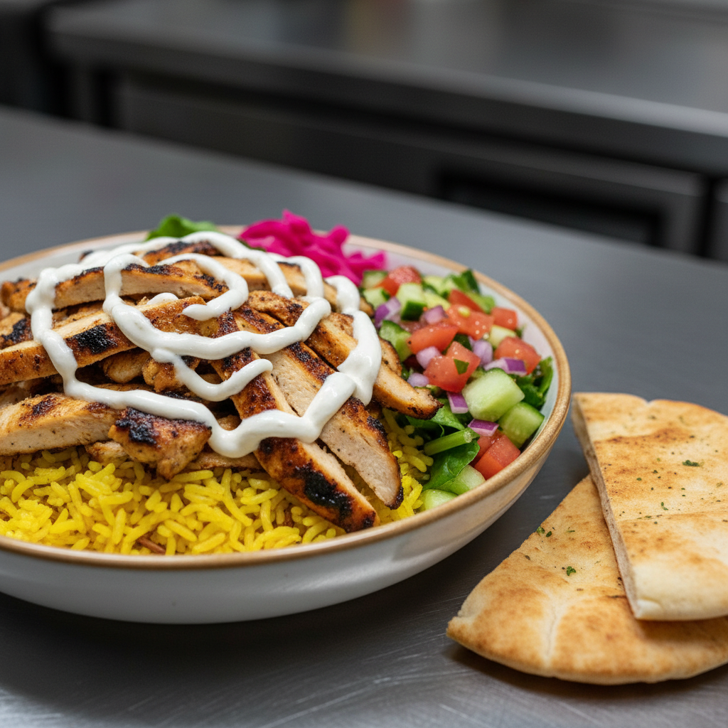 Close-up of a customizable shawarma bowl for office catering with halal chicken, rice, salad, and tahini