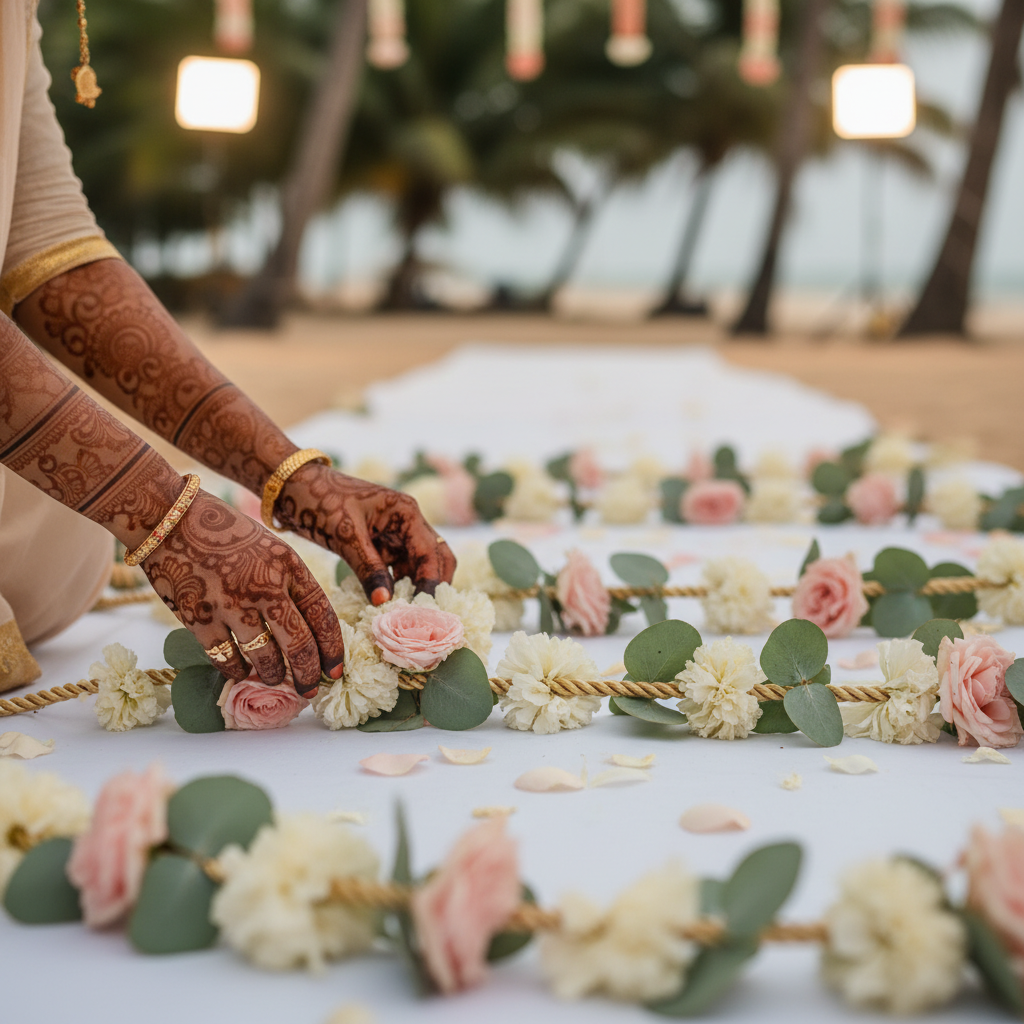 Close-up of floral garlands and mehndi hands arranging pastel roses for a Goa destination wedding aisle
