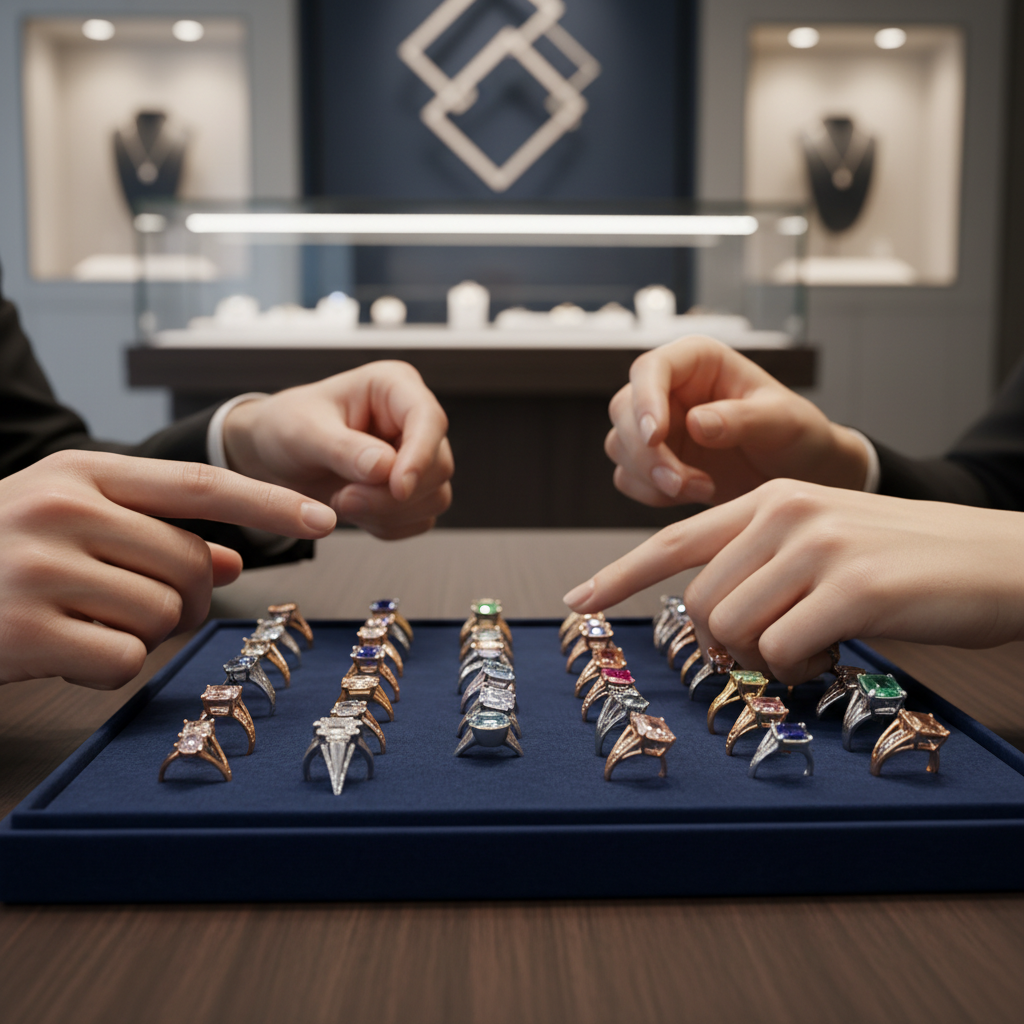 Discreet New York jewelry consultation showing hands reviewing engagement rings on a velvet tray, ideal setting to discuss diamond engagement ring resale value
