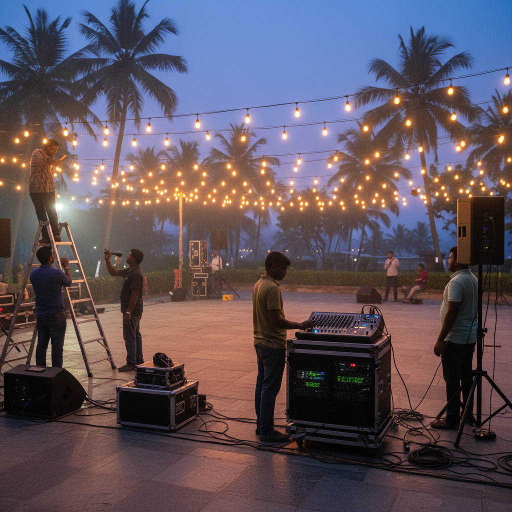 Evening sangeet setup team testing warm string lights and sound at a tropical Goa venue