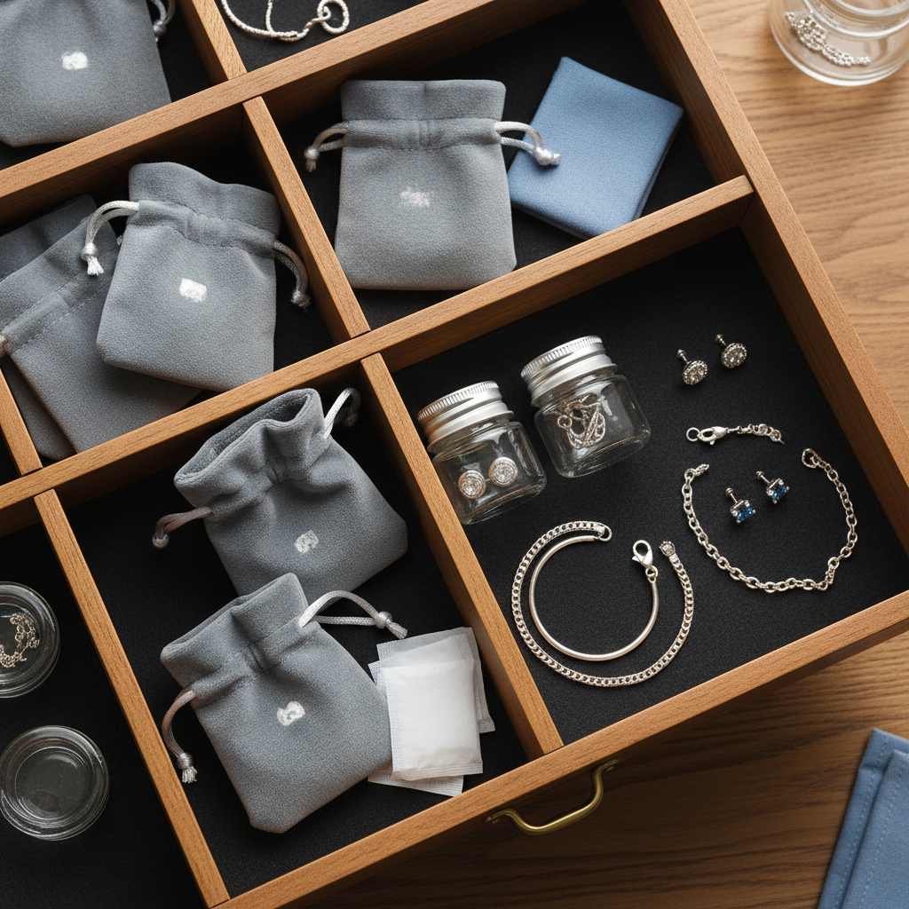 Organized silver jewelry storage with anti-tarnish pouches and desiccants