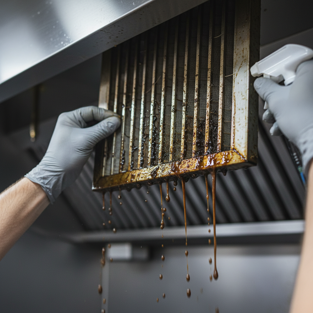 Technician removing greasy baffle filter during restaurant equipment cleaning services, showing degreaser beading on stainless steel