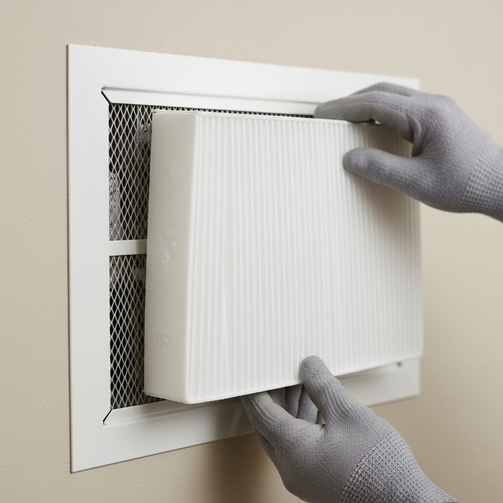 Close-up AC filter replacement during home maintenance in Dubai