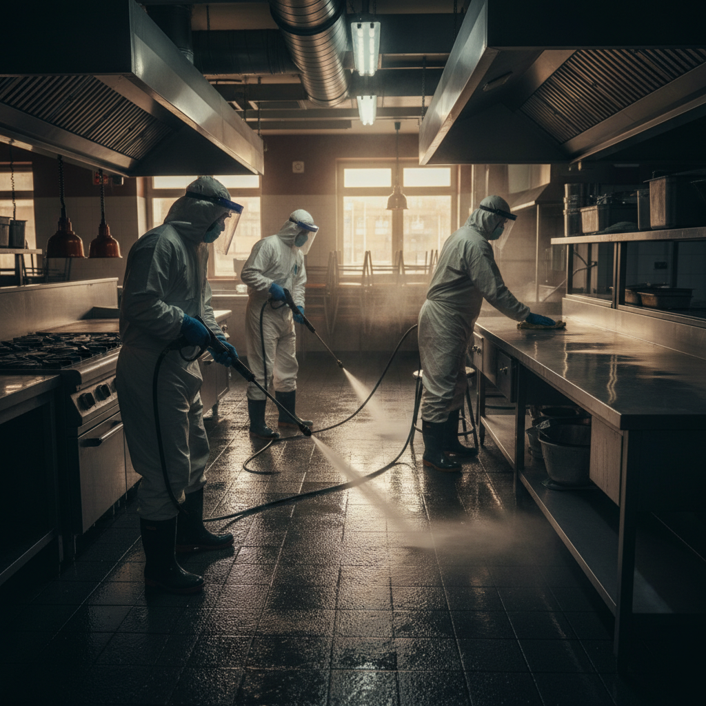 Overnight crew power washing and wiping stainless prep tables during a full restaurant deep clean in Ontario