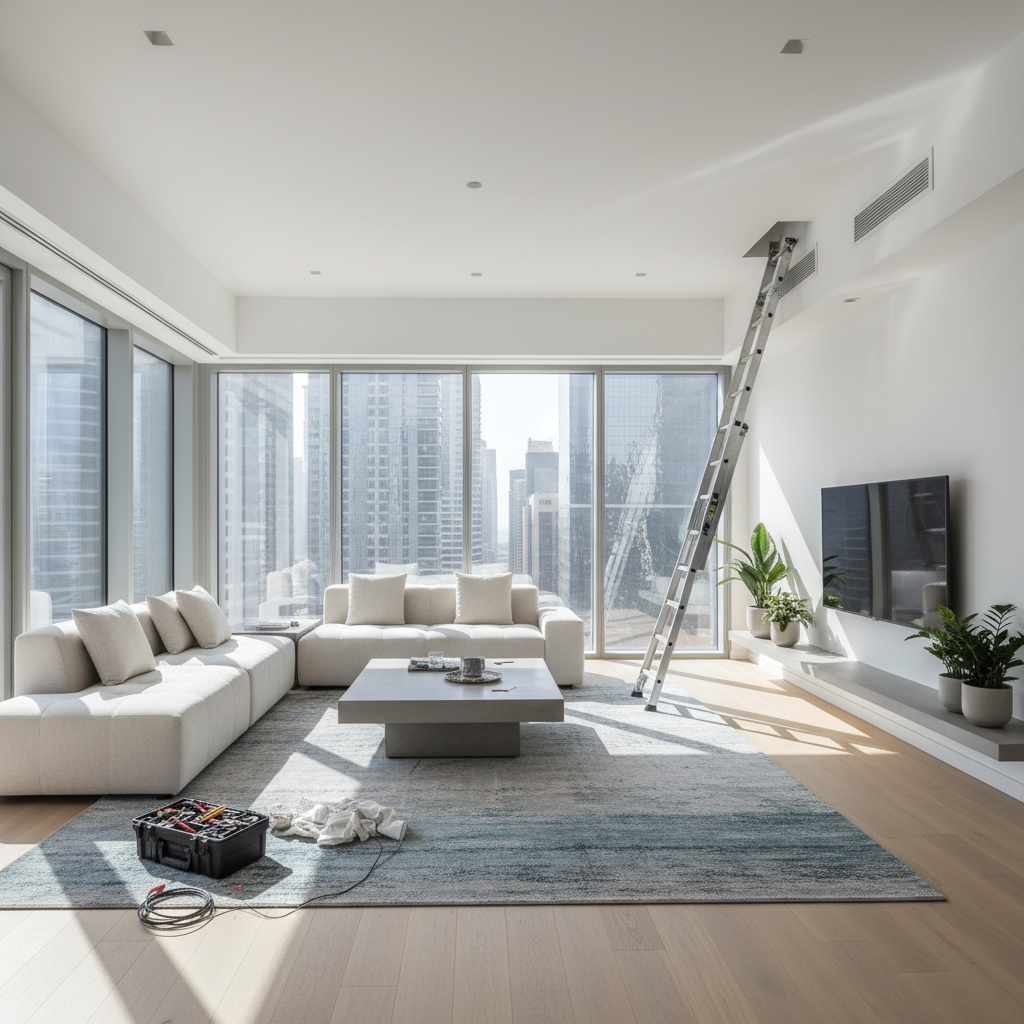 Modern Dubai living room with maintenance tools for home maintenance overview