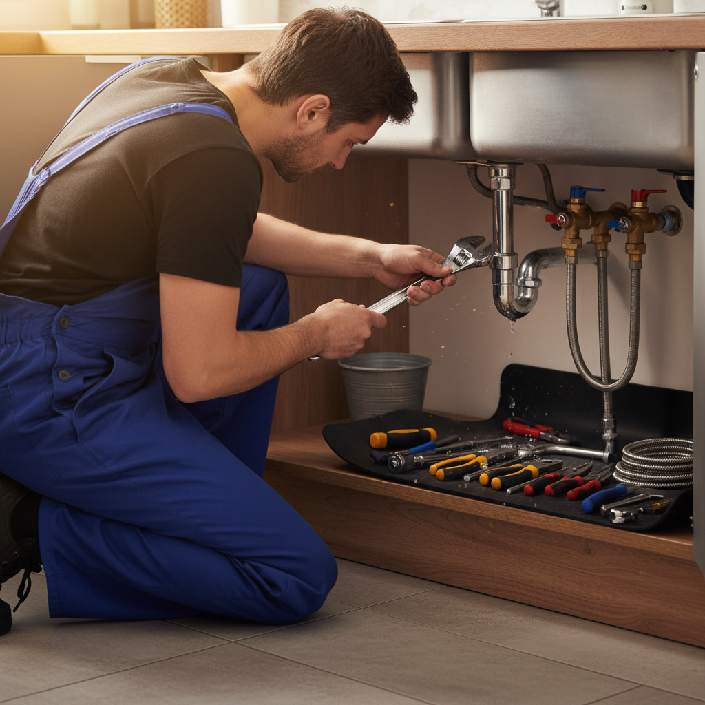 Plumber repairing kitchen sink trap as part of Dubai home maintenance