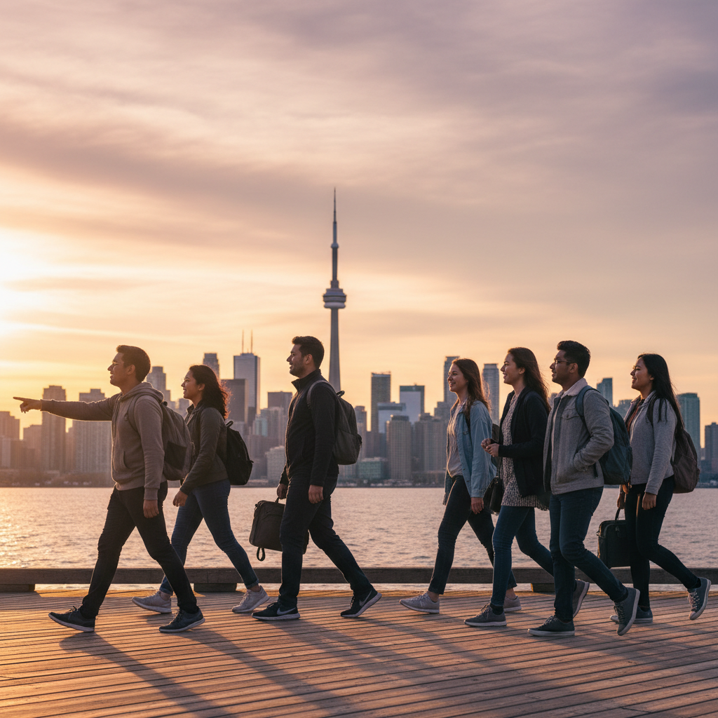 Newcomers walking along a waterfront boardwalk at golden hour, representing settlement after Express Entry or Federal Skilled Worker approval