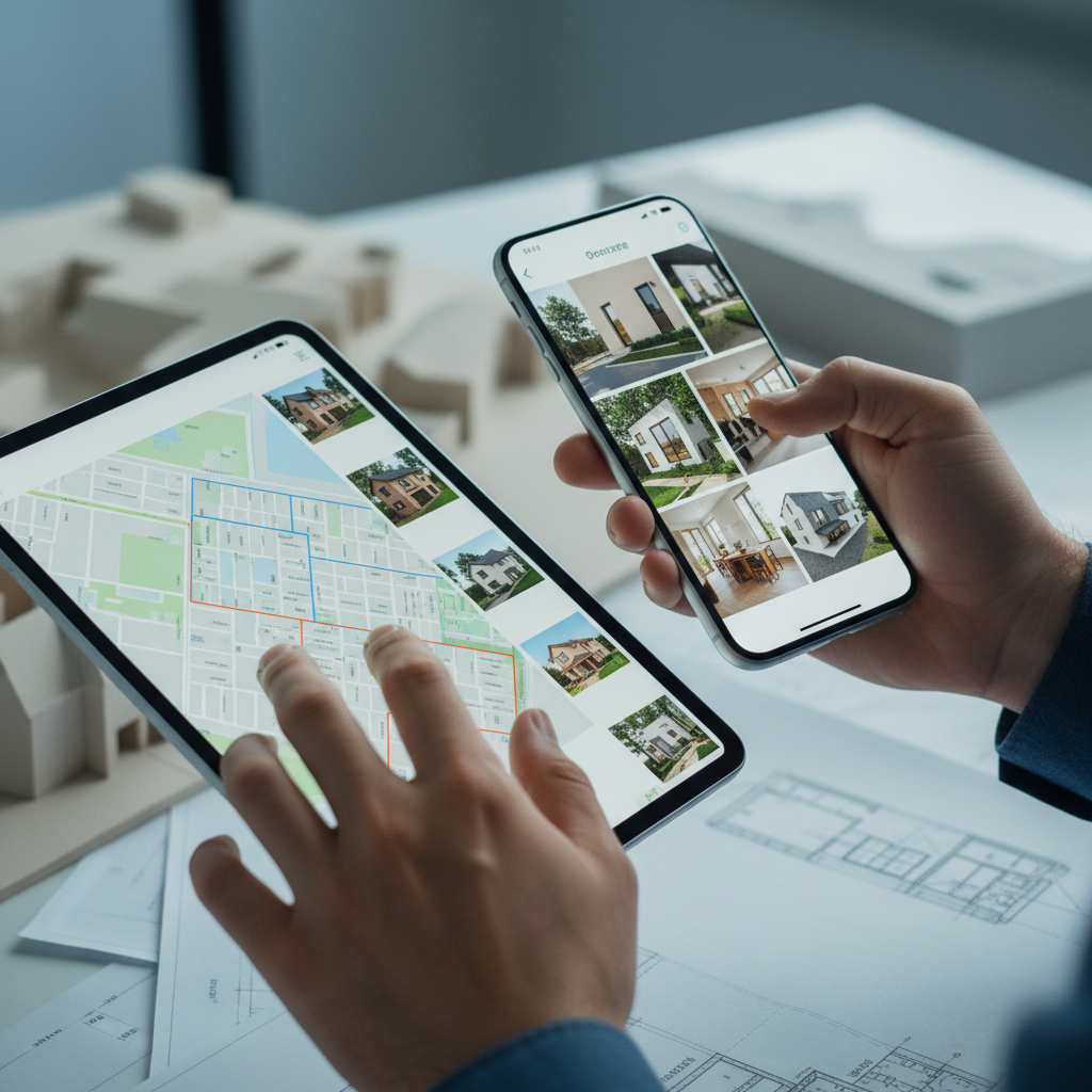 Close-up detail of VIP real estate report usage on tablet and phone showing comps and neighborhood map for Brampton buyers