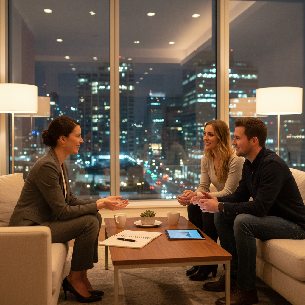 Mortgage broker meeting with clients to discuss home loan pre-approval strategy in a modern lounge