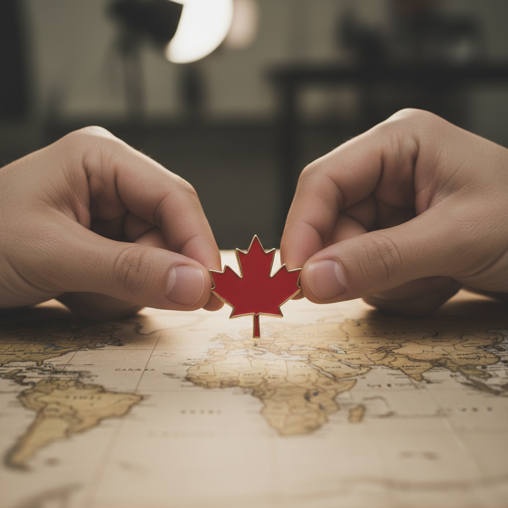 Close-up of hands holding a maple leaf pin over a world map, symbolizing Express Entry vs Federal Skilled Worker pathway choice
