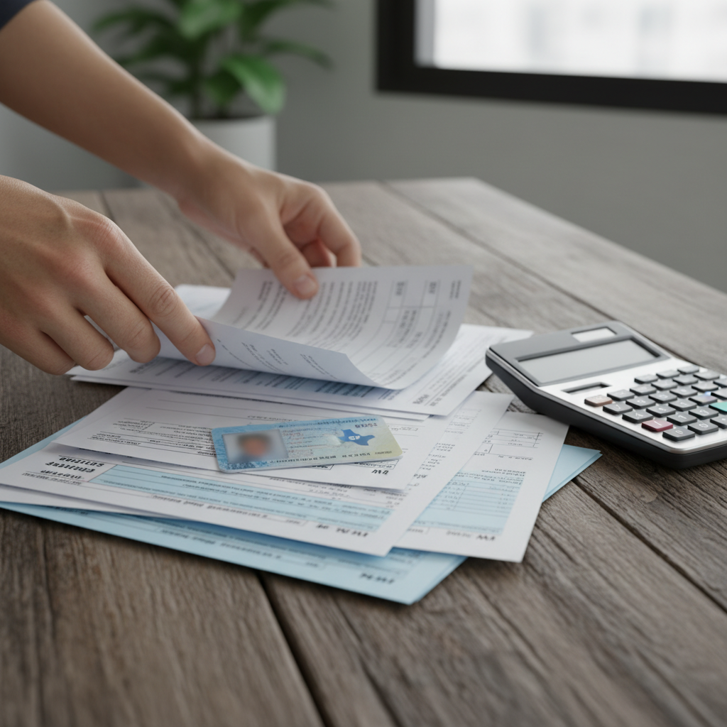 Close-up of organized home loan pre-approval documents including IDs, pay stubs, bank statements, and calculator