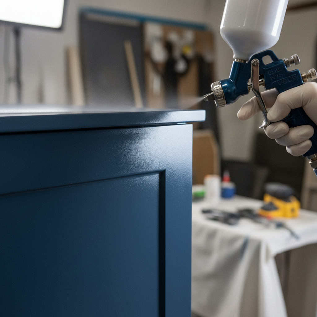 Close-up of a cabinet door being spray painted with a smooth satin finish using a professional HVLP sprayer