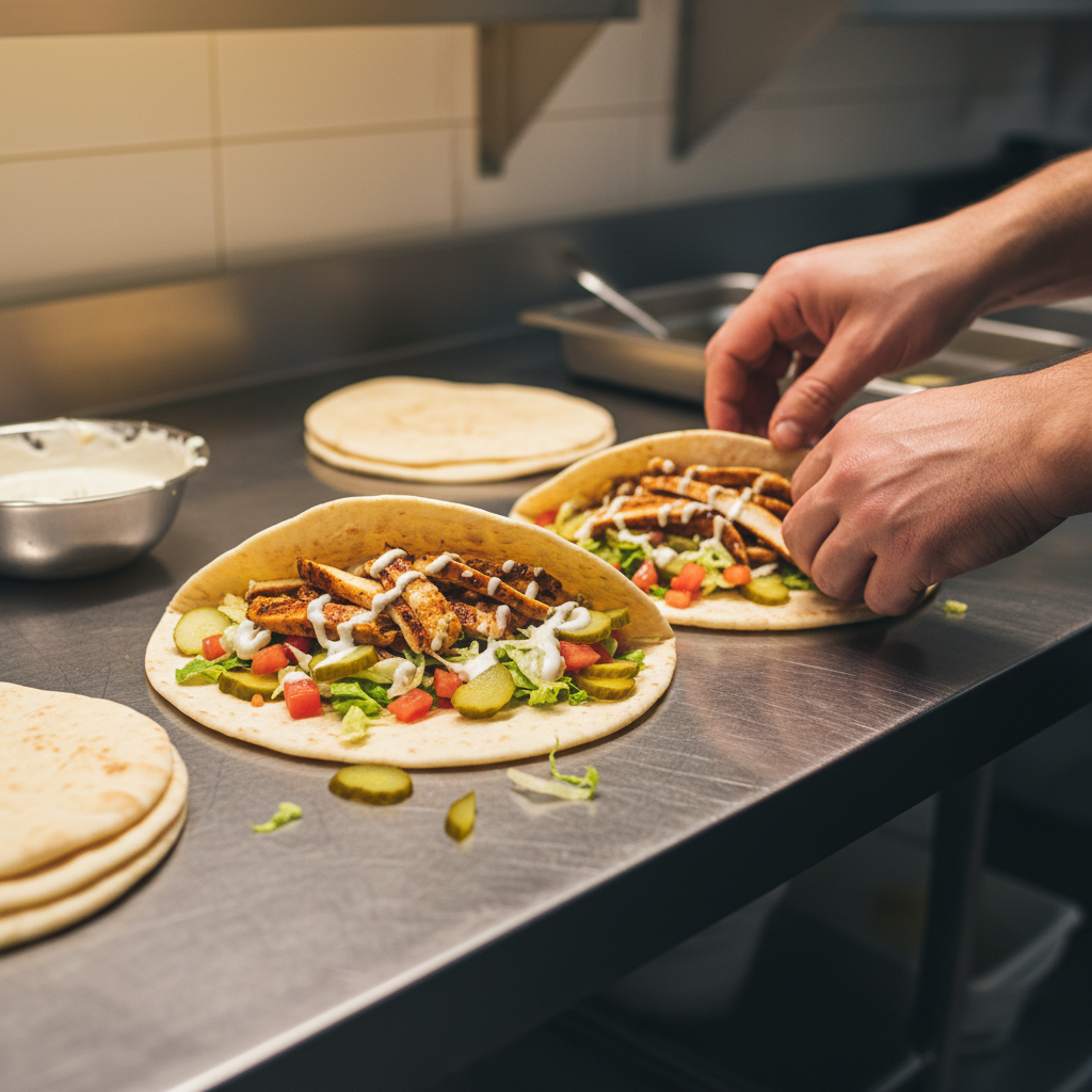 Close-up of chicken shawarma wraps being assembled for the best food for conference catering in Toronto